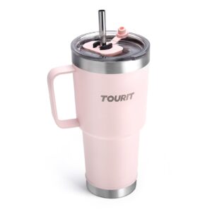 tourit 30oz insulated tumbler with handle and straw, 3 in 1 sip-all-way reusable magslider lid. double wall sweat-proof bpa free to keep beverages cold for 24hrs or hot for 8hrs - pink
