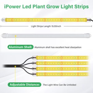 iPower 60W LED Plant Grow Light Strips Full Spectrum for Indoor Plants with Auto ON/Off 3/9/12H Timer, 10 Dimmable Levels 48 LEDs, Sunlike Grow Lamp for Hydroponics Succulent, 4 Tubes, Yellow