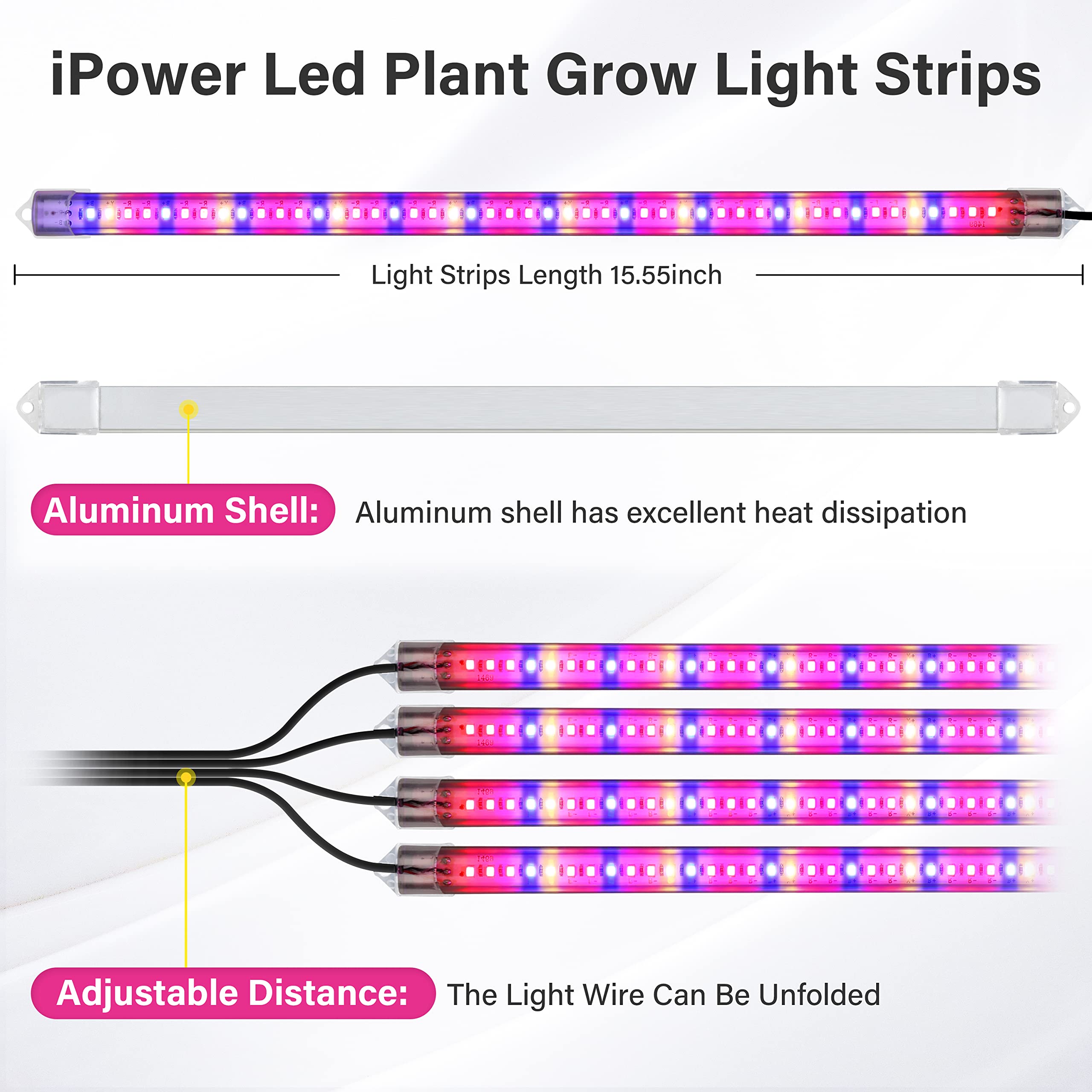 iPower LED Grow Light Strips Full Spectrum for Indoor Plants with Auto ON/Off 3/9/12H Timer, 10 Dimmable Levels 48 LEDs Per Tube, Sunlike Grow Lamp for Hydroponics Succulent, 1 Pack, Mix, 4 Tubes