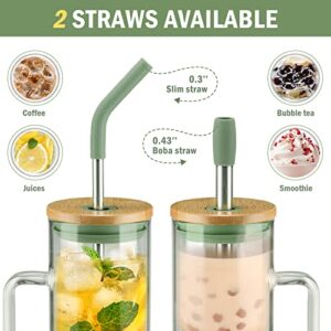 Kodrine Tumbler with Lid and Straw, 20 oz Glass Coffee Tumbler with Handle, Smoothie Cup with Bamboo Lid | Time Marker | Silicone Protective Sleeve, BPA Free - Olive