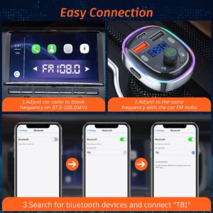 SONRU​ Bluetooth 5.3 Fm Transmitter for Car, Bluetooth Car Adapter with Dual USB Charger 48w Pd&Qc3.0 USB 7 Colored LED Backlit Light Support Handsfree Calling