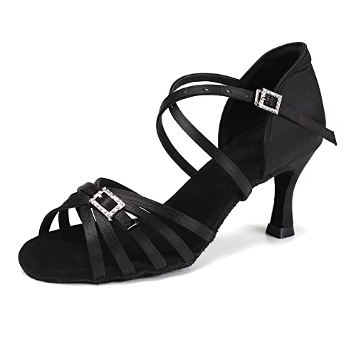 JUODVMP Women's Latin Dance Shoes Black Satin Open Toe 3 inch Heel Ballroom Salsa Dance Sandals with Suede Sole,7.5US