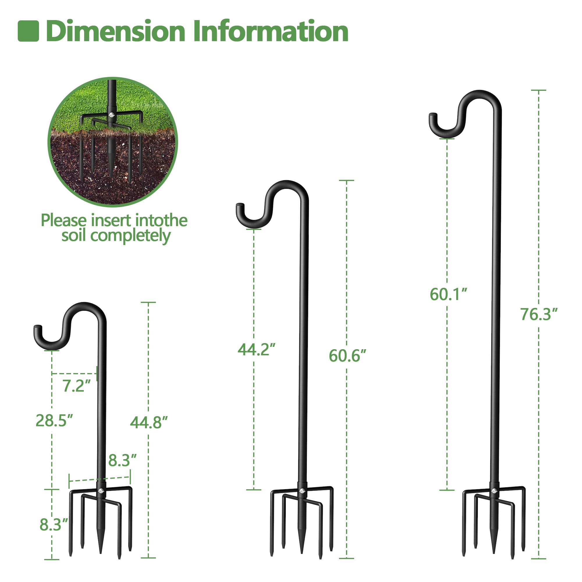 76" Shepherds Hooks for Outdoor, Extra Thick Bird Feeder Pole with 5 Prong Base, Adjustable Shepards Hook for Garden, Weddings, Hanging Plant