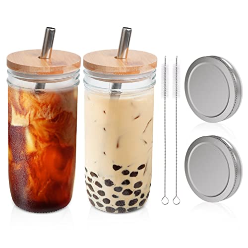 MCleanPin Iced Coffee Cups,Reusable Boba Tea Cups with Lids and Straws,4PACK 16oz Drinking Glass Tumblers for Coffee,Tea,Juice