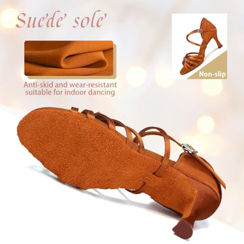 JUODVMP Women's Latin Dance Shoes Brown Satin Open Toe 3 inch Heel Ballroom Salsa Dance Sandals with Suede Sole,6.5US