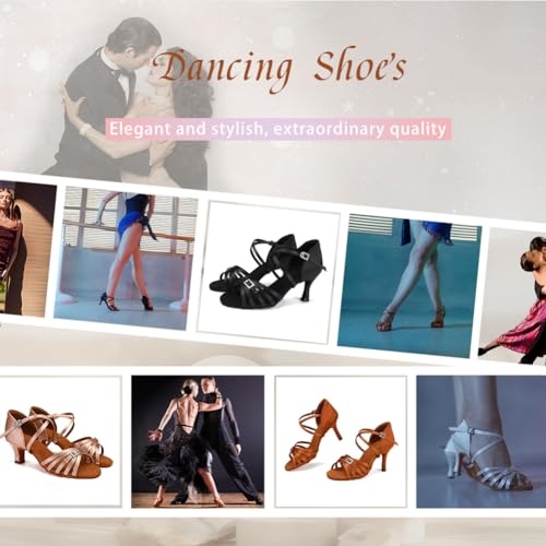JUODVMP Women's Latin Dance Shoes Black Satin Open Toe 3 inch Heel Ballroom Salsa Dance Sandals with Suede Sole,7US