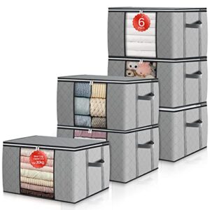 gomaihe clothes storage bags 6 pack, foldable storage bins closet organizers stackable containers with reinforced handles and lids, clothing blanket toy shoe comforters pillow organization, grid gray
