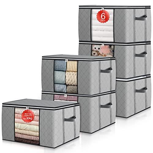 GoMaihe Clothes Storage Bags 6 Pack, Foldable Storage Bins Closet Organizers Stackable Containers with Reinforced Handles and Lids, Clothing Blanket Toy Shoe Comforters Pillow Organization, Grid Gray