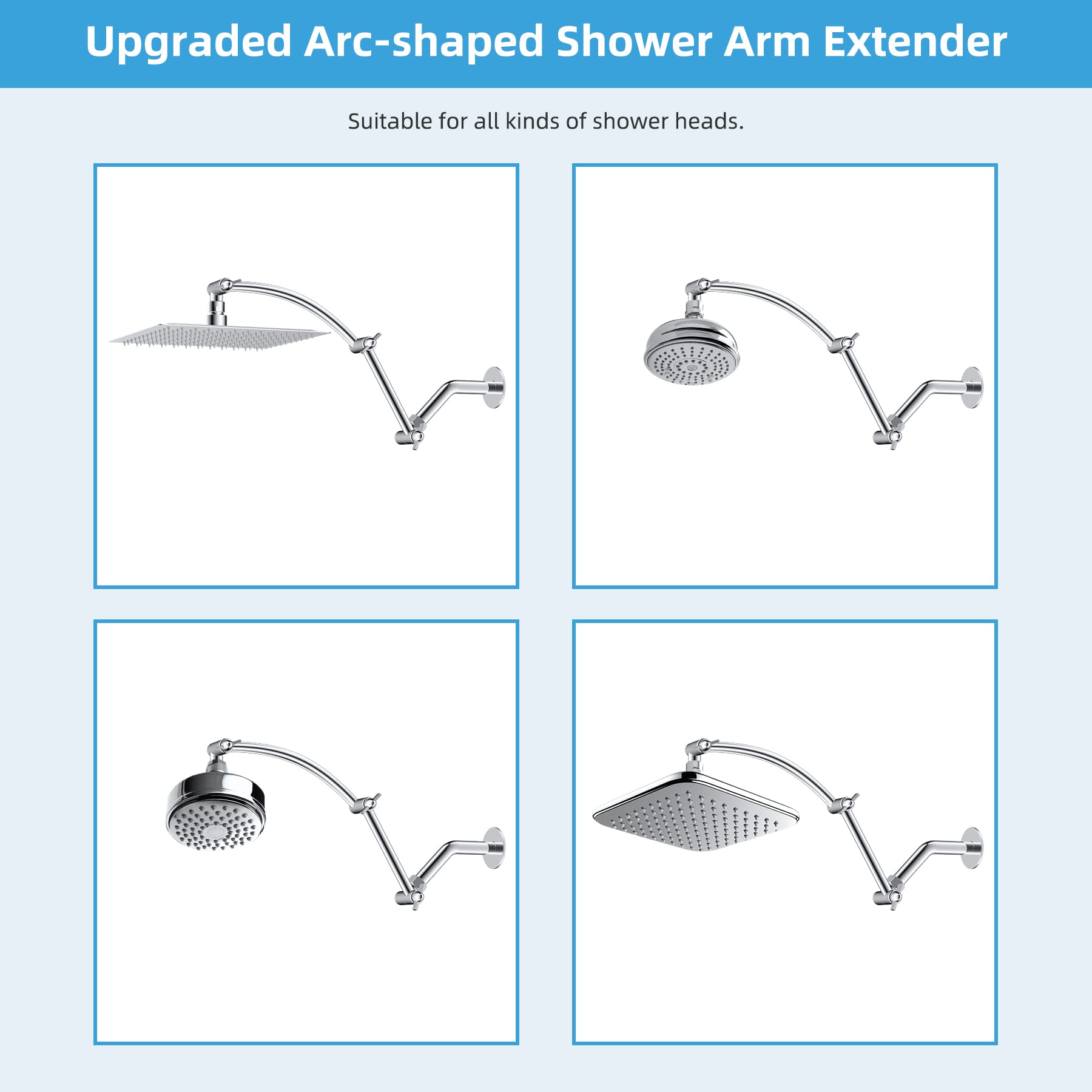 Hibbent All Metal 16'' Shower Head Extension Arm Solid Brass Flexible Height & Angle Adjustable Shower Arm Extender with Lock Joint, Universal Connection Stainless Steel Pipe Height Extending, Chrome
