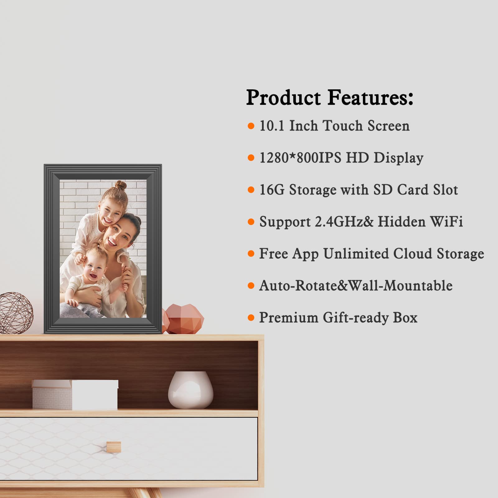 SAMMIX Digital Picture Frame WiFi Digital Photo Frame, 10.1 Inch IPS HD Touch Screen 16GB Smart Cloud Photo Frame Electronic, Slideshow, Auto-Rotate, Easy Setup to Send Pictures and Video with APP