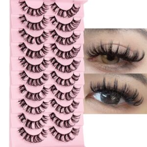 dslong 10 pairs cluster lashes d curl russian strip lashes fluffy false eyelashes individual natural wispy lashes diy eyelashes extension at home (d01)