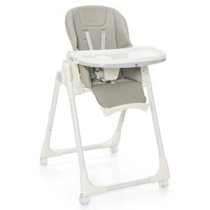 baby joy high chair for babies & toddlers, foldable highchair with adjustable backrest, footrest and height, removable tray, detachable seat cushion, 4 lockable wheels (gray)