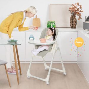 BABY JOY High Chair for Babies & Toddlers, Foldable Highchair with Adjustable Backrest, Footrest and Height, Removable Tray, Detachable Seat Cushion, 4 Lockable Wheels (Gray)