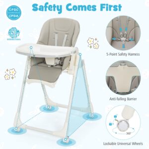 BABY JOY High Chair for Babies & Toddlers, Foldable Highchair with Adjustable Backrest, Footrest and Height, Removable Tray, Detachable Seat Cushion, 4 Lockable Wheels (Gray)