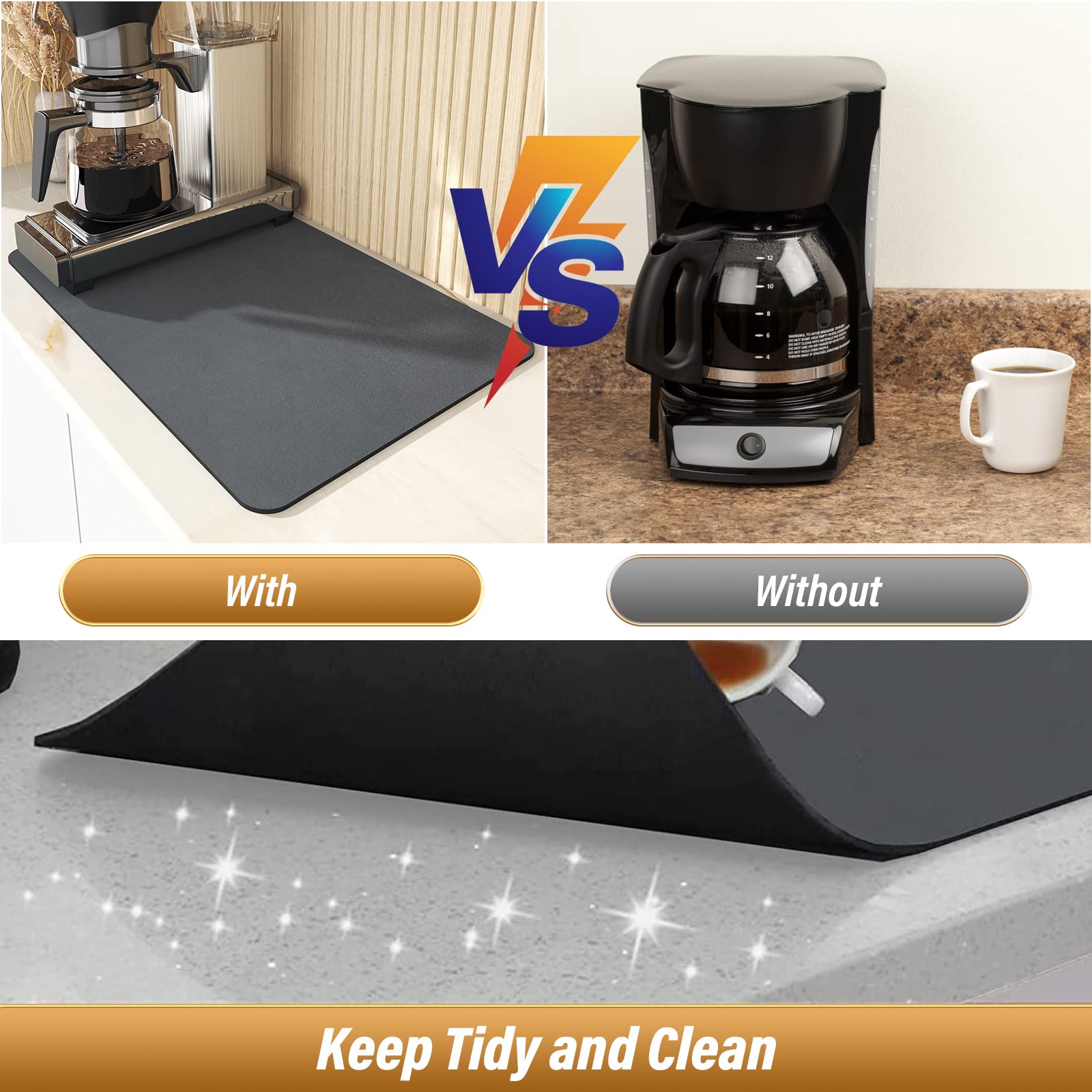 Dish Drying Mat, 2pcs Coffee Mat, Coffee Bar Mat for Countertop, Coffee Maker Mat Absorbent Drying Mat, Hide Stain Rubber Backed Dish Drying Mat for Kitchen Counter Coffee Bar Accessories