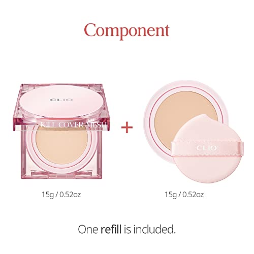 CLIO Kill Cover Mesh Glow Cushion Refill Included (15g*2, 4 GINGER) - Foundation Cushion, Korean Cushion, Glowy Skin Makeup