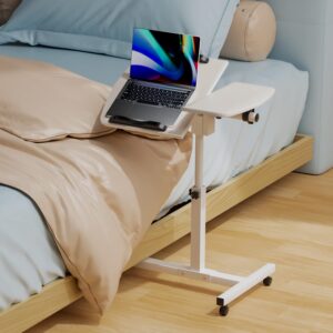 Magshion Height Adjustable Mobile Desk Laptop Stand White Rolling Cart Sofa Bed Side Table for Bed Couch Office