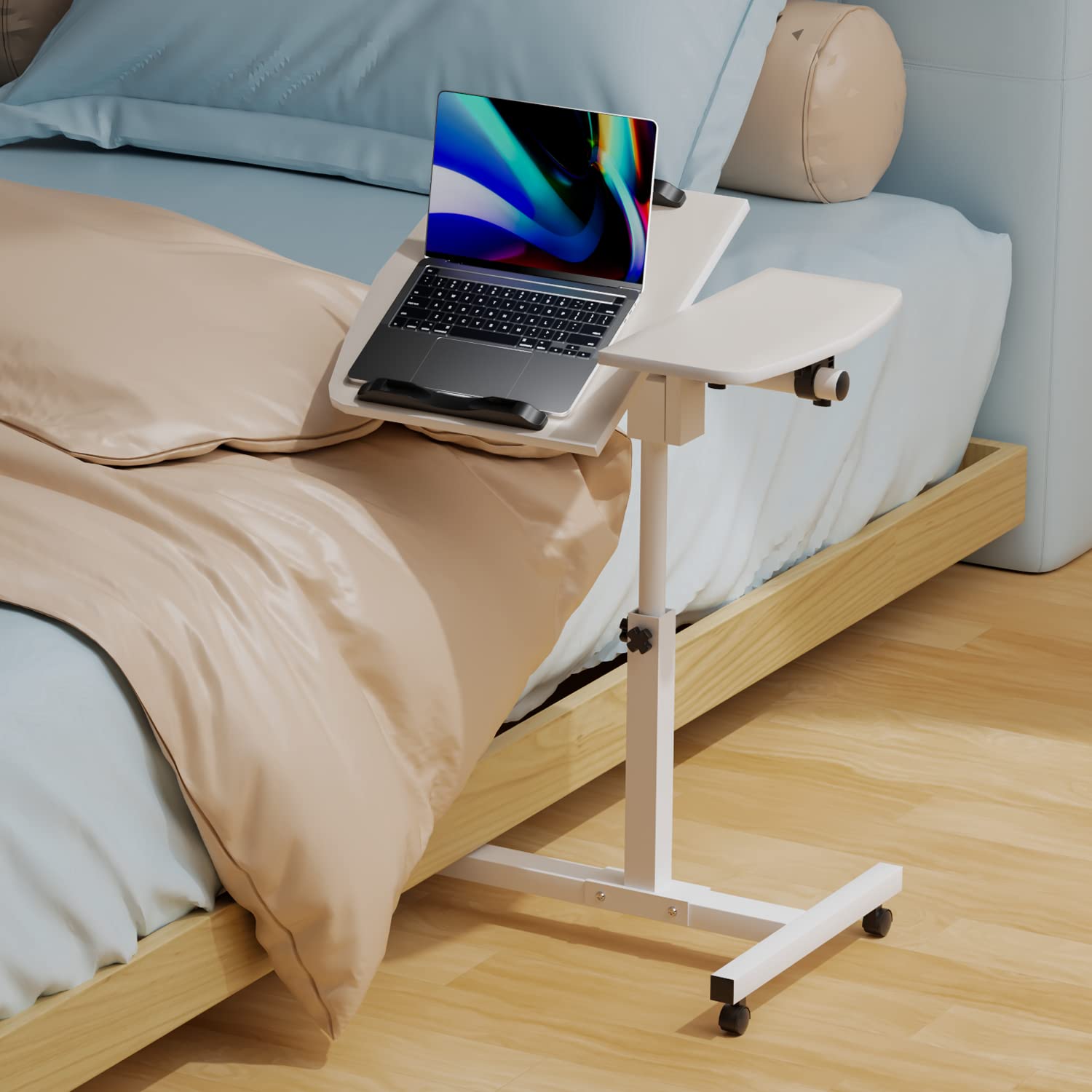 Magshion Height Adjustable Mobile Desk Laptop Stand White Rolling Cart Sofa Bed Side Table for Bed Couch Office