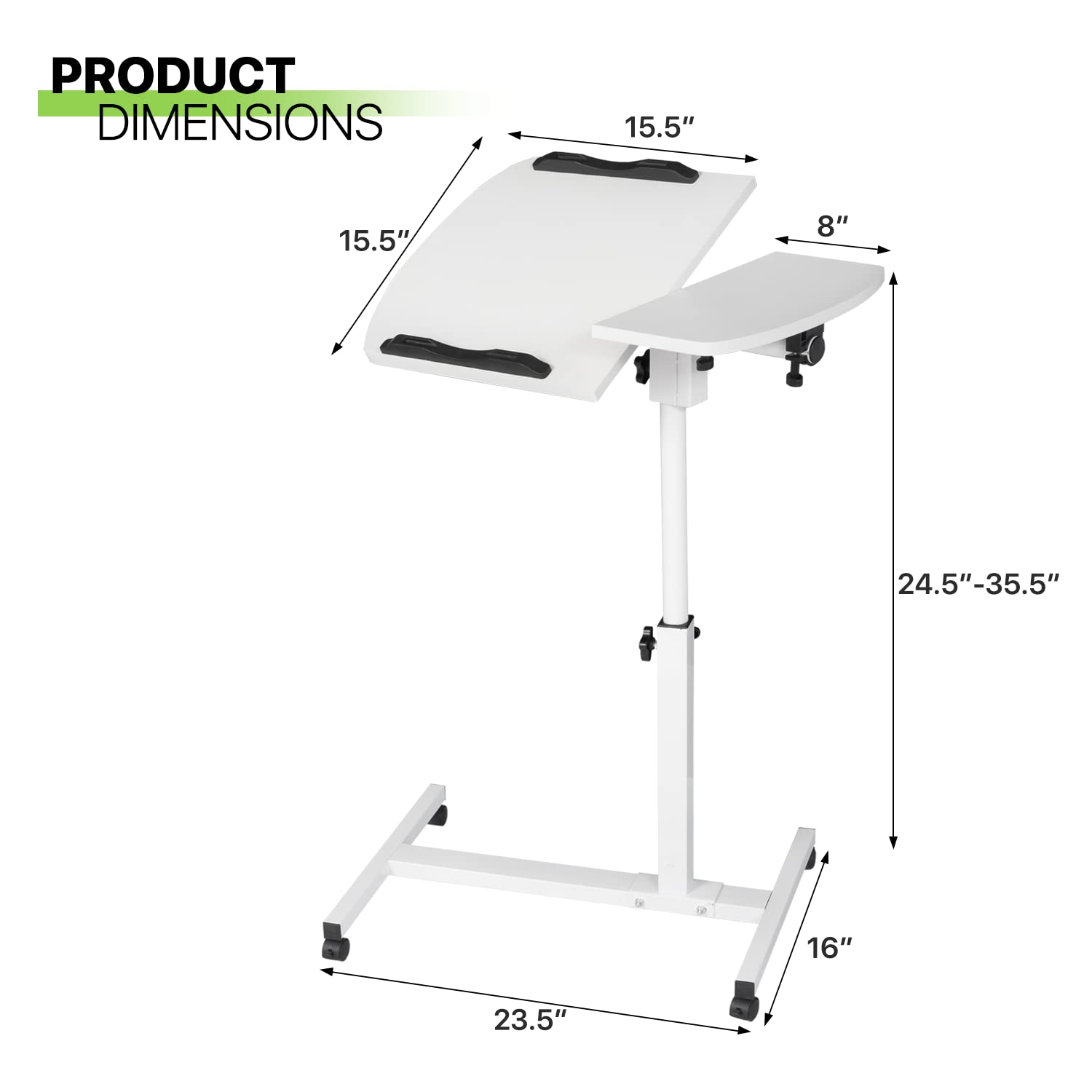 Magshion Height Adjustable Mobile Desk Laptop Stand White Rolling Cart Sofa Bed Side Table for Bed Couch Office