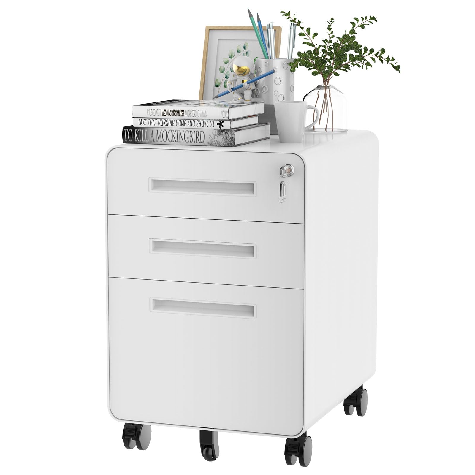 FLEXISPOT Mobile File Cabinet for Home Office 3 Drawer File Cabinet Under Desk Storage Filing Cabinet for Legal/Letter/A4 File,Round Corner Design,White