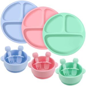 pimoys 12 pack silicone baby suction plates baby bowls baby feeding set with spoon fork baby led weaning supplies toddler eating utensils, microwave & dishwasher safe