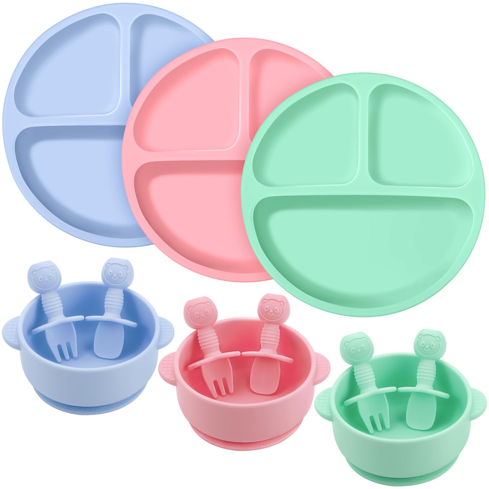Pimoys 12 Pack Silicone Baby Suction Plates Baby Bowls Baby Feeding Set with Spoon Fork Baby Led Weaning Supplies Toddler Eating Utensils, Microwave & Dishwasher Safe
