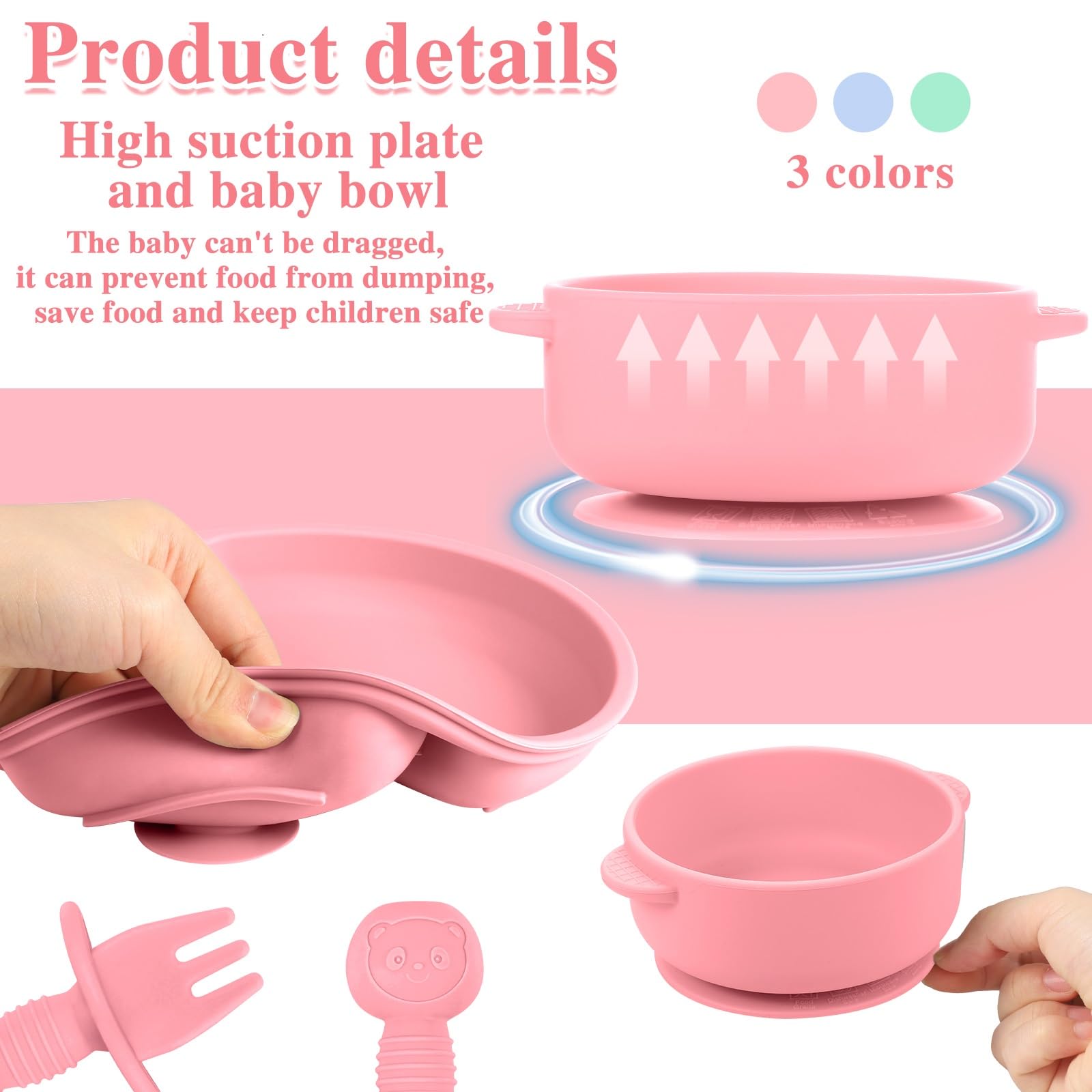 Pimoys 12 Pack Silicone Baby Suction Plates Baby Bowls Baby Feeding Set with Spoon Fork Baby Led Weaning Supplies Toddler Eating Utensils, Microwave & Dishwasher Safe