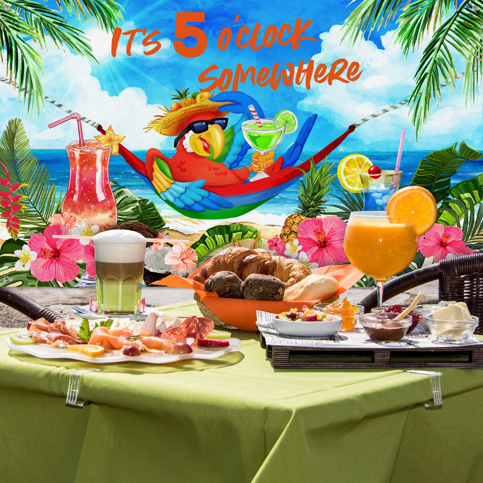 It's 5 O' Clock Somewhere Summer Backdrop Tropical Parrot Banner Beach Hawaii Decoration Polyester Background Nautical Cocktails Drinks Bar Party Supplies Holiday Photo Booth Prop Indoor Outdoor