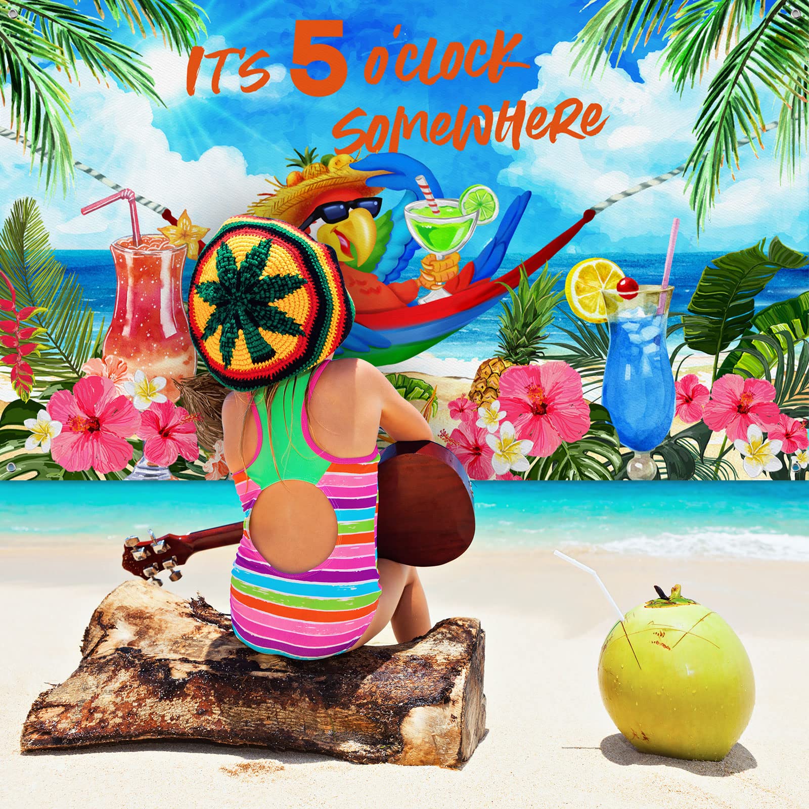 It's 5 O' Clock Somewhere Summer Backdrop Tropical Parrot Banner Beach Hawaii Decoration Polyester Background Nautical Cocktails Drinks Bar Party Supplies Holiday Photo Booth Prop Indoor Outdoor