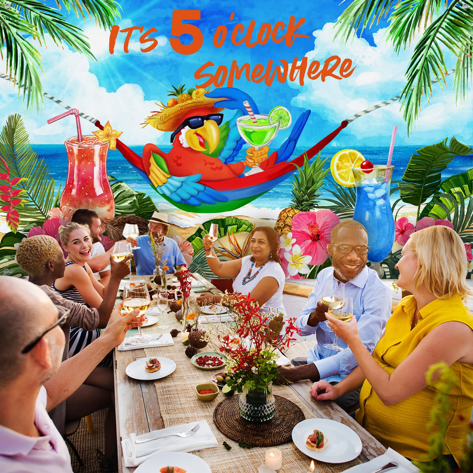 It's 5 O' Clock Somewhere Summer Backdrop Tropical Parrot Banner Beach Hawaii Decoration Polyester Background Nautical Cocktails Drinks Bar Party Supplies Holiday Photo Booth Prop Indoor Outdoor