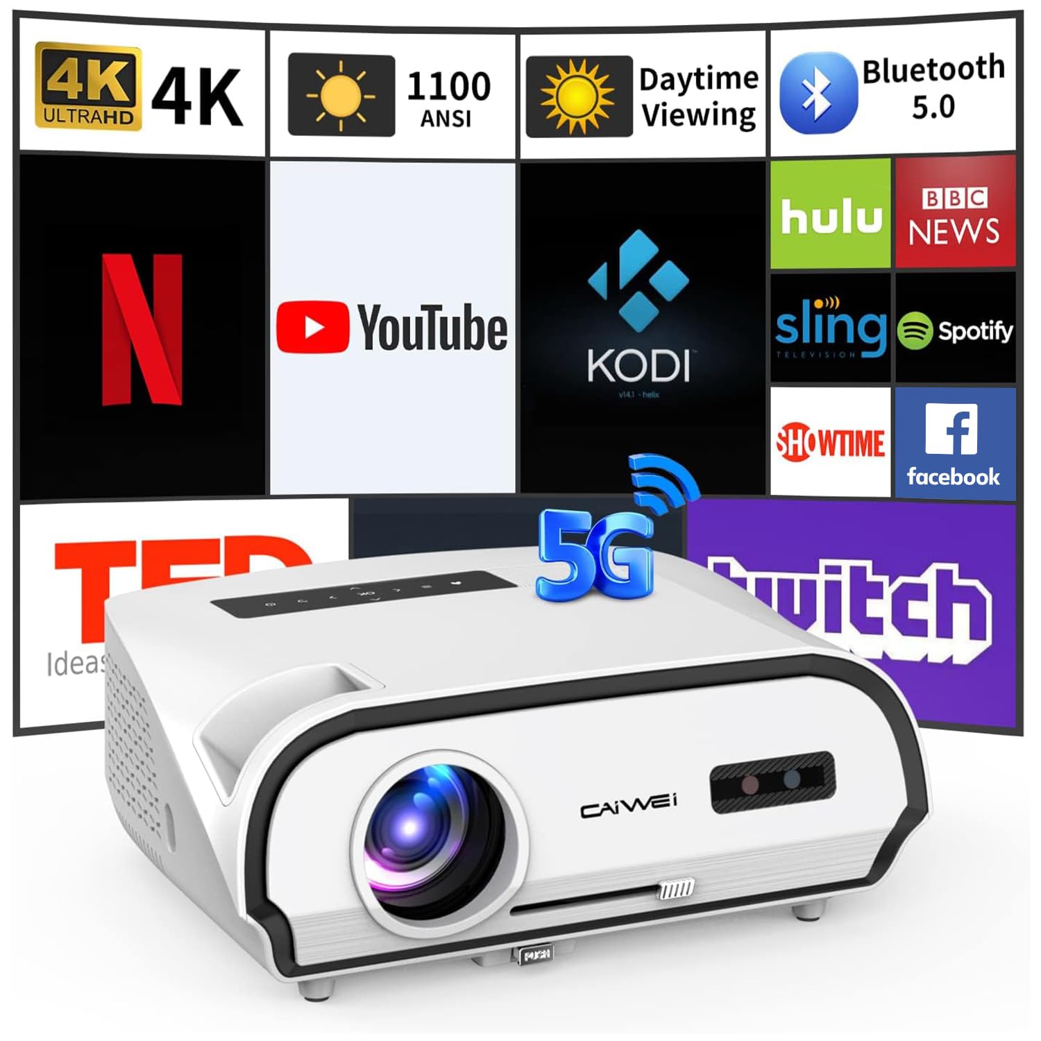 Ultra HD 4K Daytime Projector 14300 High Lumens Outdoor Movie Projector Max 300" Display Wifi6 Bluetooth Smart TV Projector with Android OS 2G+16G for Gaming, Home Cinema, Office, HDMI/USB/AV/LAN/ARC