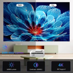 Ultra HD 4K Daytime Projector 14300 High Lumens Outdoor Movie Projector Max 300" Display Wifi6 Bluetooth Smart TV Projector with Android OS 2G+16G for Gaming, Home Cinema, Office, HDMI/USB/AV/LAN/ARC