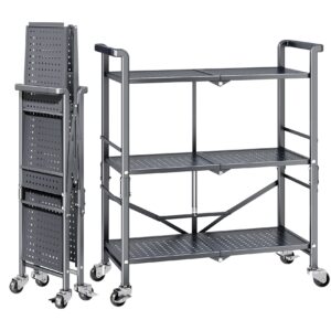 3 tier rolling utility cart - metal folding cart with wheels, collapsible service cart storage shelf rack for kitchen, office, garage, plant, outdoor cart