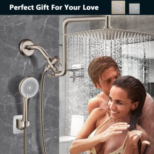 Shower Head Brushed Nickel, Upgraded 12" Rain Shower Head with 12" Flexible Curved Shower Extension Arm and High Pressure 4 Setting Handheld Shower Head Combo, Built-in Power Wash, 60’’ Shower Hose