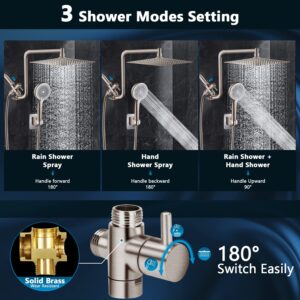 Shower Head Brushed Nickel, Upgraded 12" Rain Shower Head with 12" Flexible Curved Shower Extension Arm and High Pressure 4 Setting Handheld Shower Head Combo, Built-in Power Wash, 60’’ Shower Hose