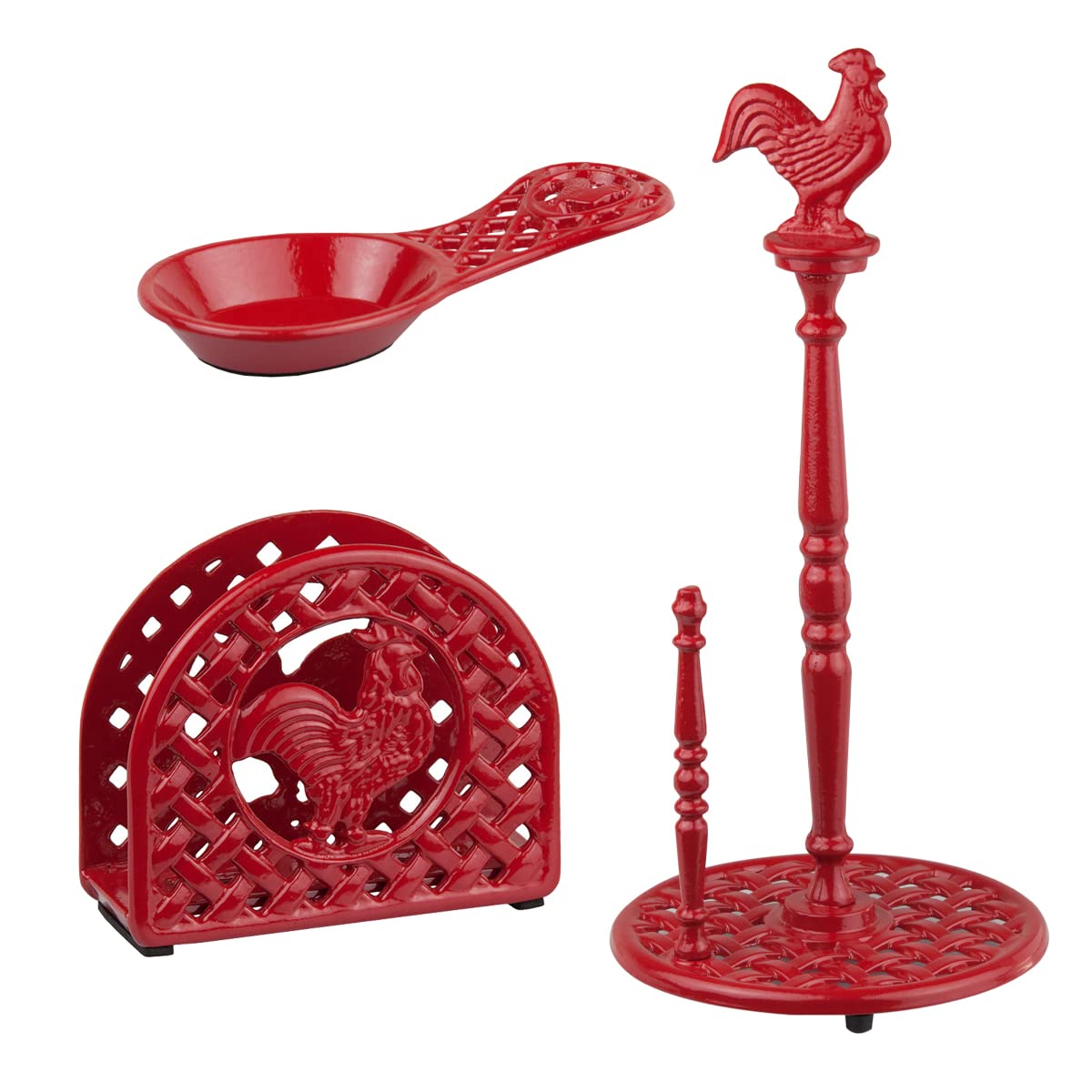 Cast Iron Kitchen Pantry Ware Bundle (3-Piece Set) Red | Includes Paper Towel Holder, Spoon Holder, Napkin Holder | Farmhouse Collection | by Home Basics