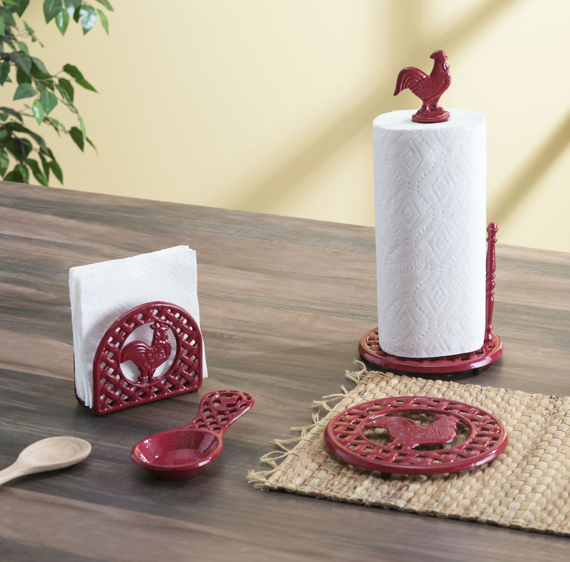 Cast Iron Kitchen Pantry Ware Bundle (3-Piece Set) Red | Includes Paper Towel Holder, Spoon Holder, Napkin Holder | Farmhouse Collection | by Home Basics