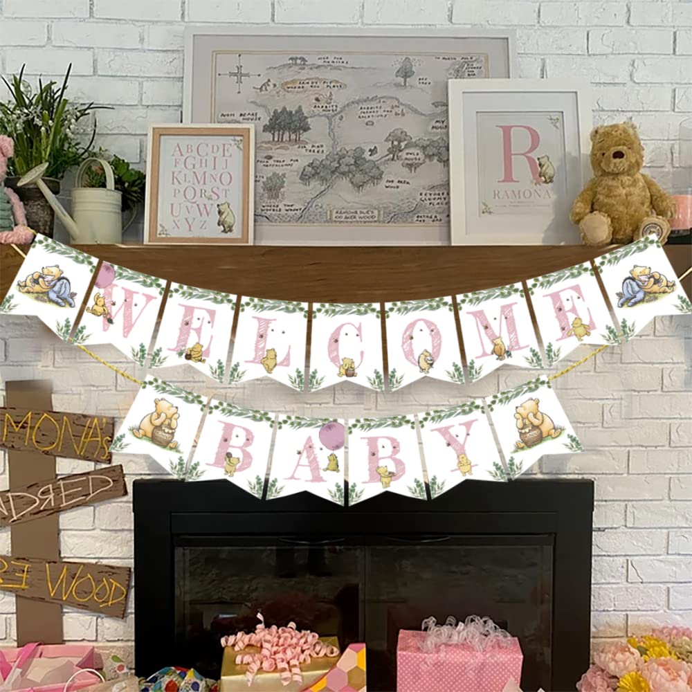 Winnie Banner for Baby Shower Girl Welcome Baby Bunting Garland Cute Hanging Decorations Pooh Theme Girls 1 St Birthday Party Decorations