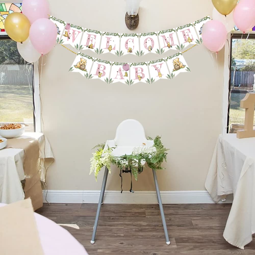 Winnie Banner for Baby Shower Girl Welcome Baby Bunting Garland Cute Hanging Decorations Pooh Theme Girls 1 St Birthday Party Decorations