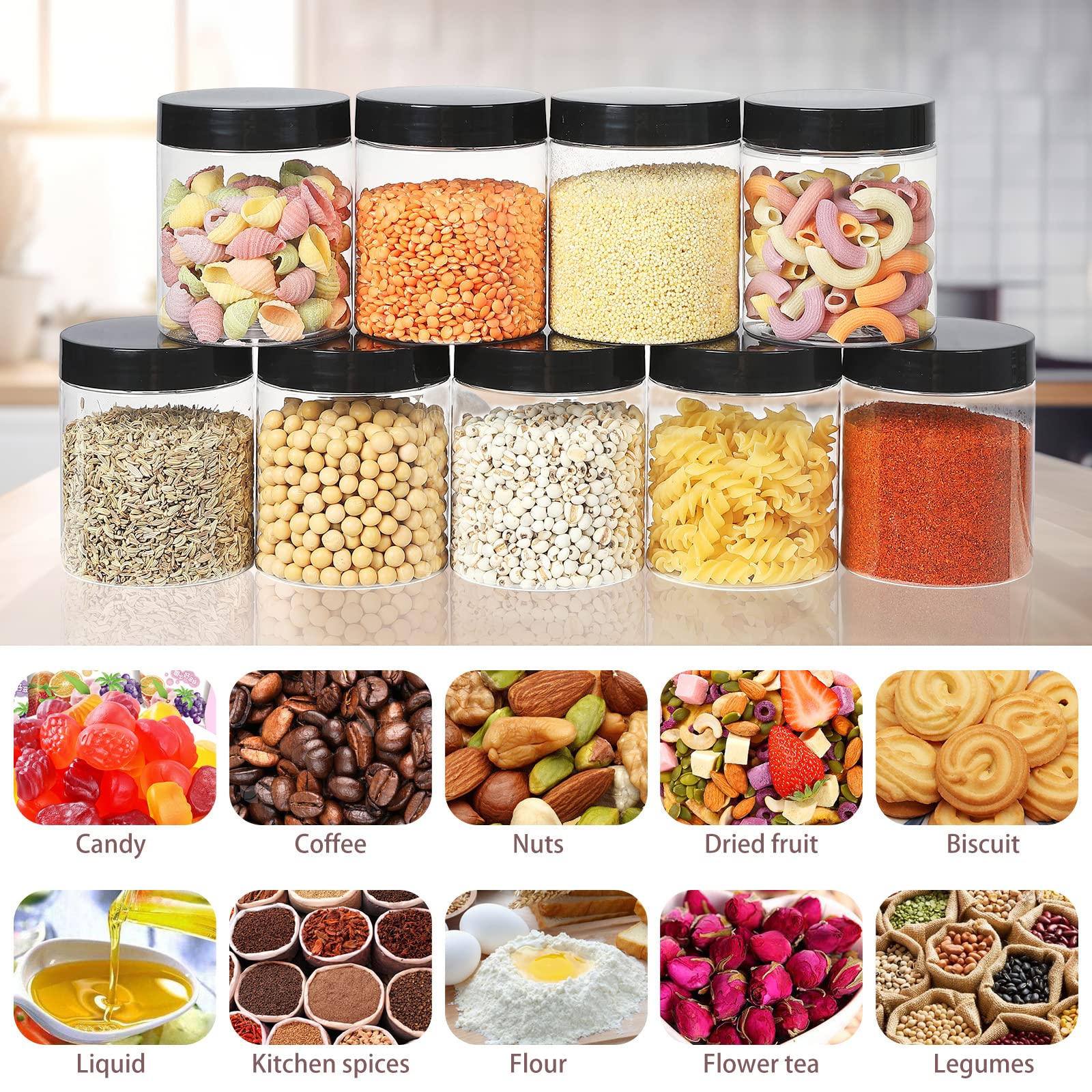 Jars with Lids, 48pcs 8 oz Plastic Containers with Lids Pen Labels Leak Proof BPA Free Airtight Refillable Clear Small Containers Storage Jars for Storing Dry Food Makeup Slime Honey Jam (8oz Black