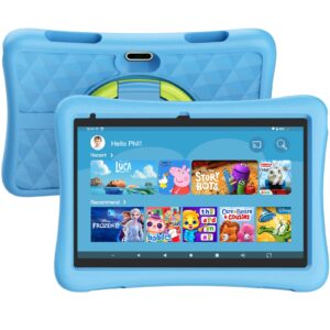 kyaster kids tablet, 10 inch hd android 12 toddler tablets, quad core 1.8ghz, 2gb ddr4, 7000mah battery, dual box speakers, parental controls games learning apps, eva shockproof case (blue)