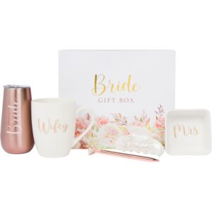 bride gift box - bride to be gift set for bridal shower, engagement party, bachelorette party, wedding shower, or wedding - includes champagne tumbler, coffee mug, hair clip, and more in premium box