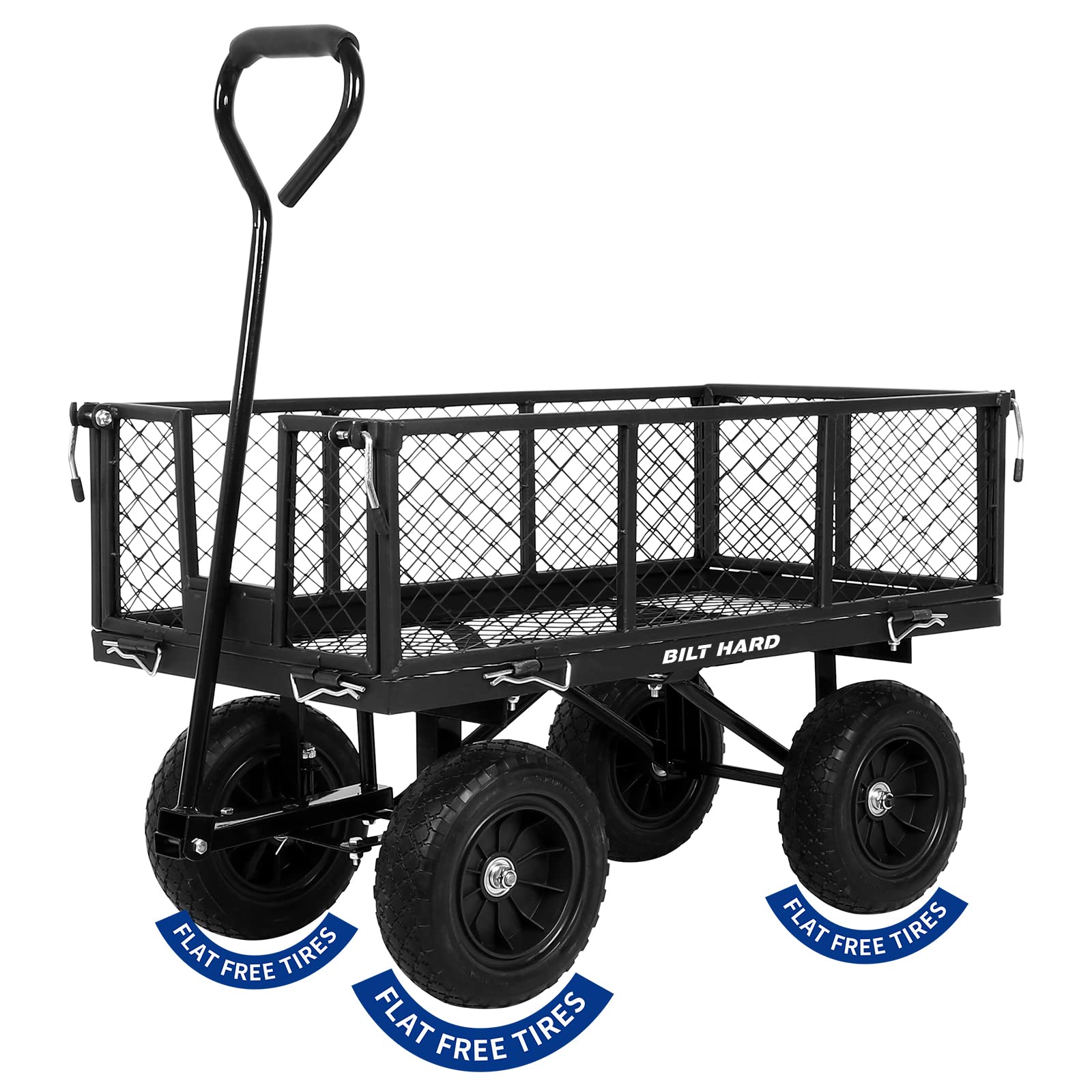 BILT HARD 400 lbs 10" Flat Free Tires Steel Garden Cart with 180° Rotating Handle and Removable Sides, 4 Cu.Ft Capacity Utility Heavy Duty Garden Carts and Wagons