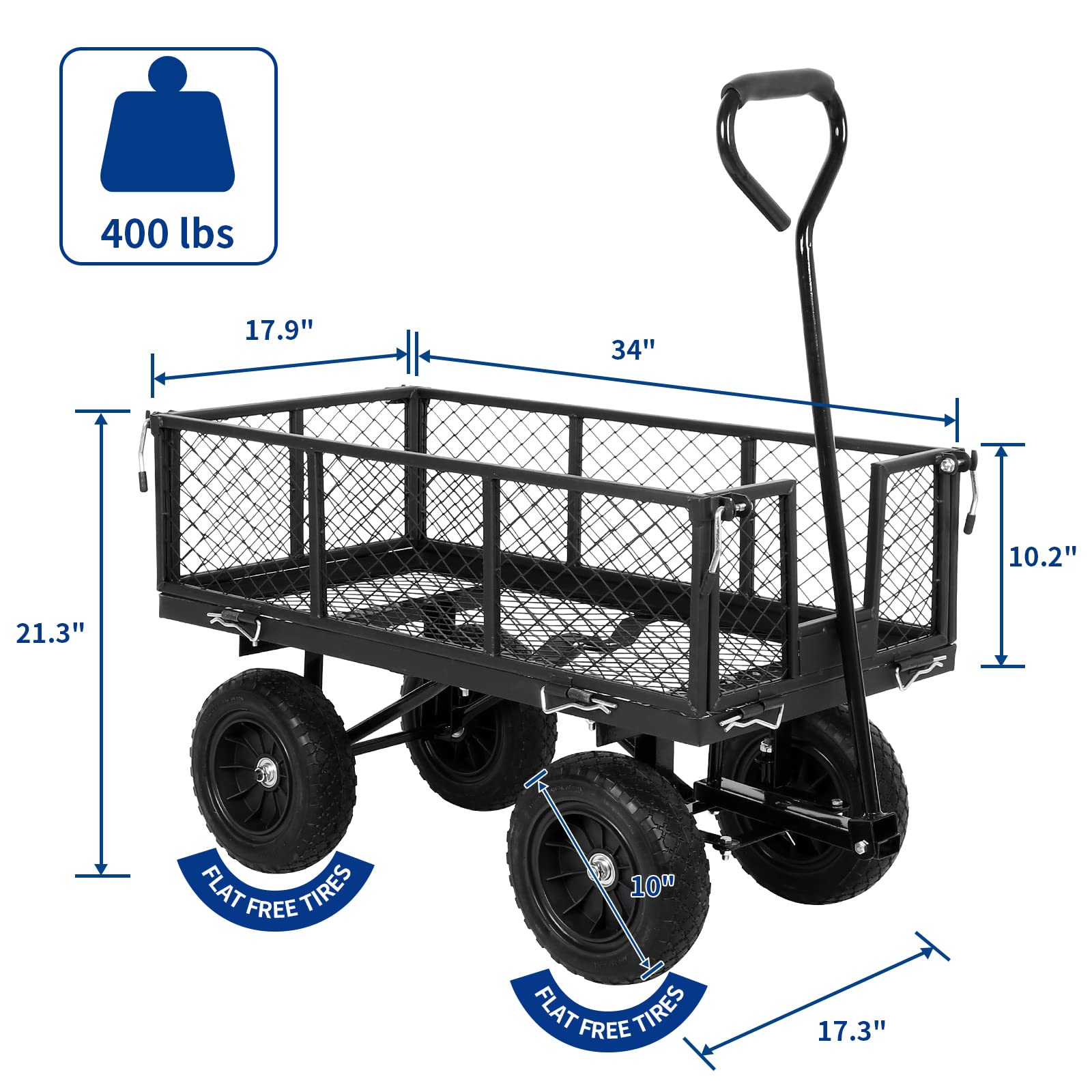 BILT HARD 400 lbs 10" Flat Free Tires Steel Garden Cart with 180° Rotating Handle and Removable Sides, 4 Cu.Ft Capacity Utility Heavy Duty Garden Carts and Wagons