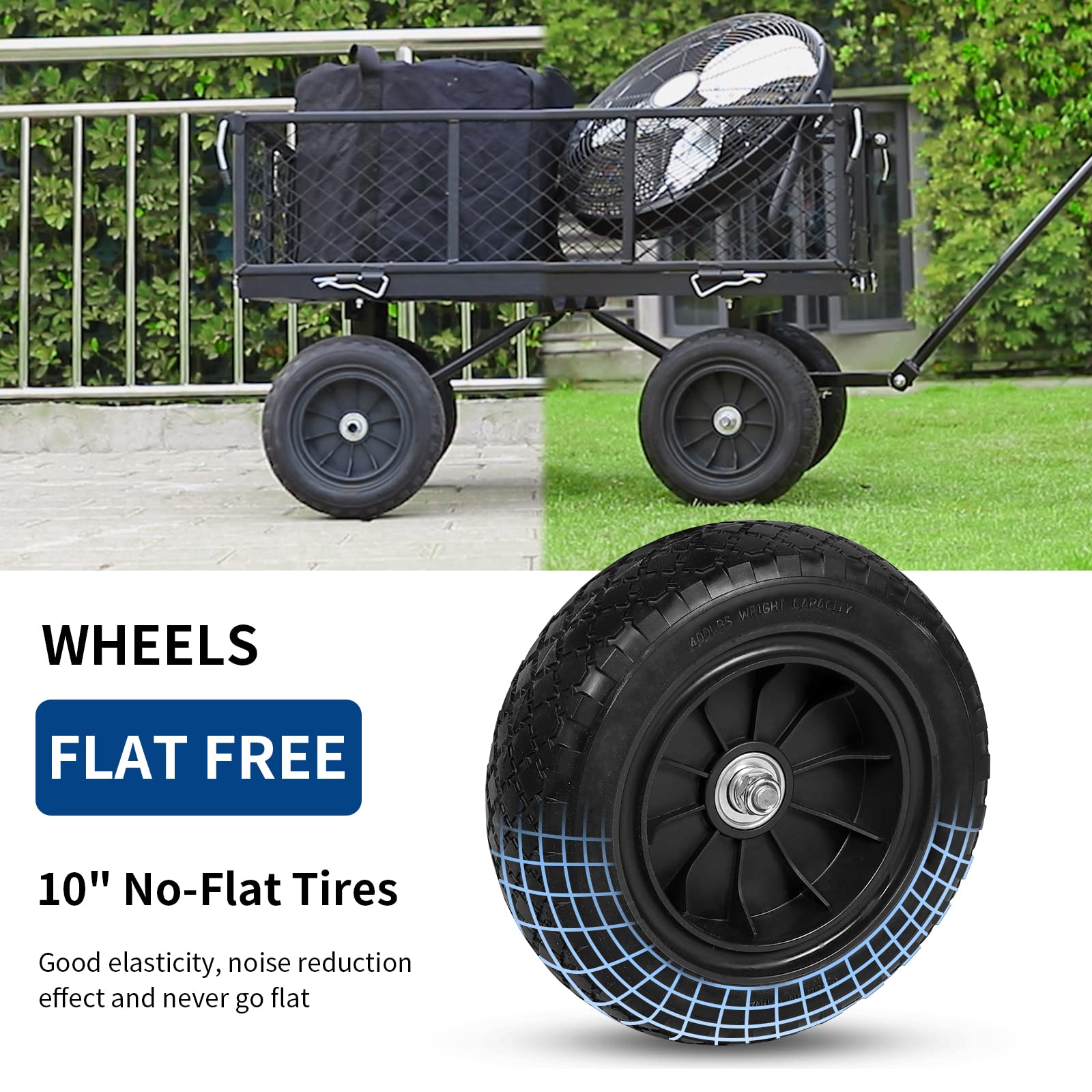 BILT HARD 400 lbs 10" Flat Free Tires Steel Garden Cart with 180° Rotating Handle and Removable Sides, 4 Cu.Ft Capacity Utility Heavy Duty Garden Carts and Wagons