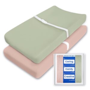 changing table sheets - totbasic premium soft pink diaper changing pad cover, ultra stretchy green changing table cover - suit for baby boy and baby girl, 2 pack (sage + blush)