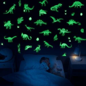 glow in the dark dinosaur wall decals stickers, glowing dinosaur wall stickers self-adhesive for ceiling, removable wall stickers for boys bedroom kids girls baby nursery gift