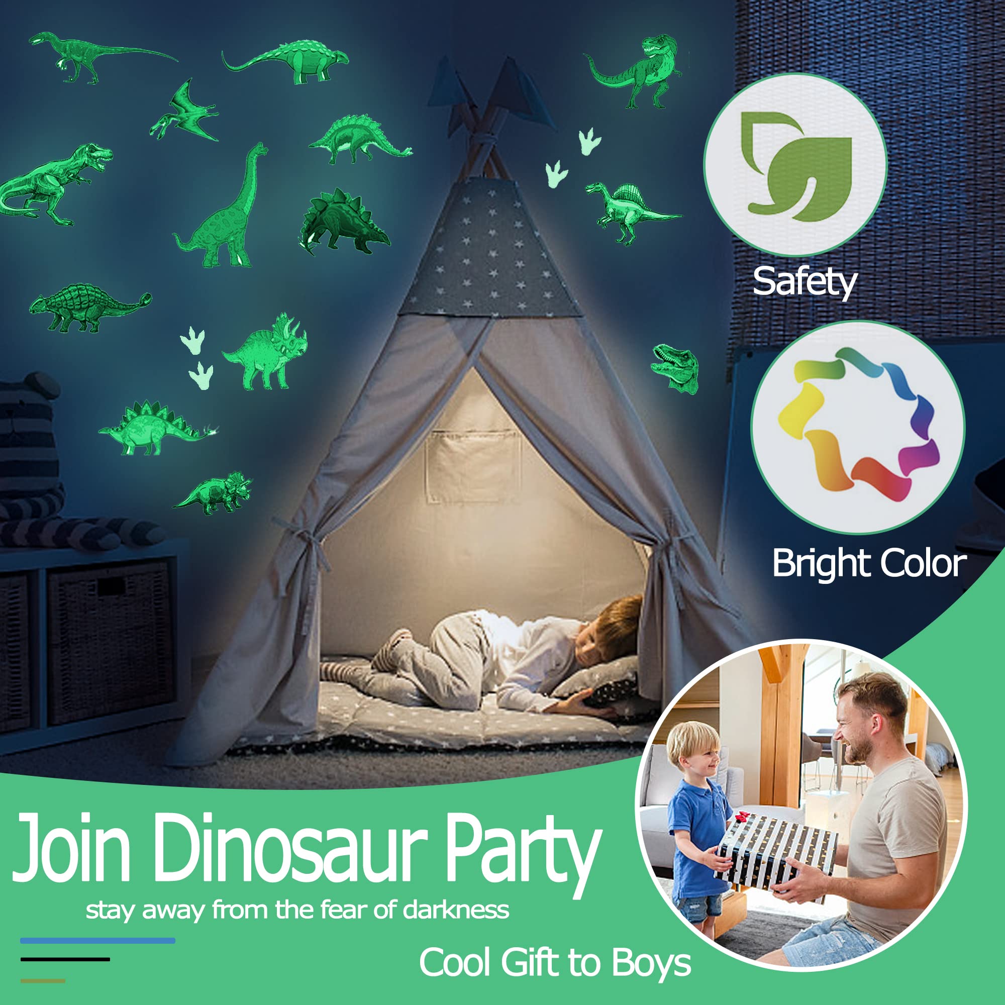 Glow in The Dark Dinosaur Wall Decals Stickers, Glowing Dinosaur Wall Stickers Self-Adhesive for Ceiling, Removable Wall Stickers for Boys Bedroom Kids Girls Baby Nursery Gift