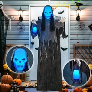 nifti nest grim reaper with light-up head, lamp & creepy voice, ghost skeletons halloween decorations haunted house props