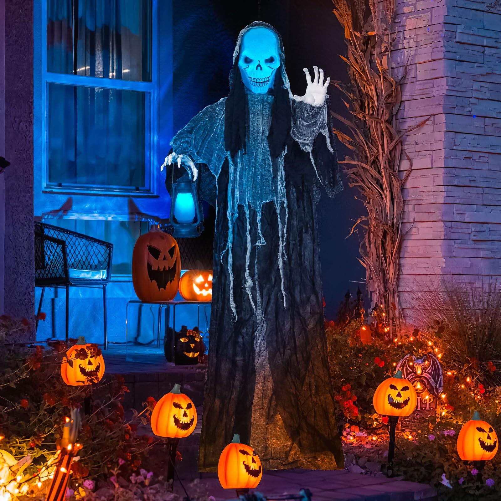 NIFTI NEST Grim Reaper with Light-up Head, Lamp & Creepy Voice, Ghost Skeletons Halloween Decorations Haunted House Props